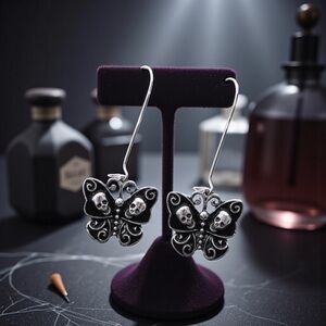 Goth Style Silver & Black Butterfly Skull Earrings